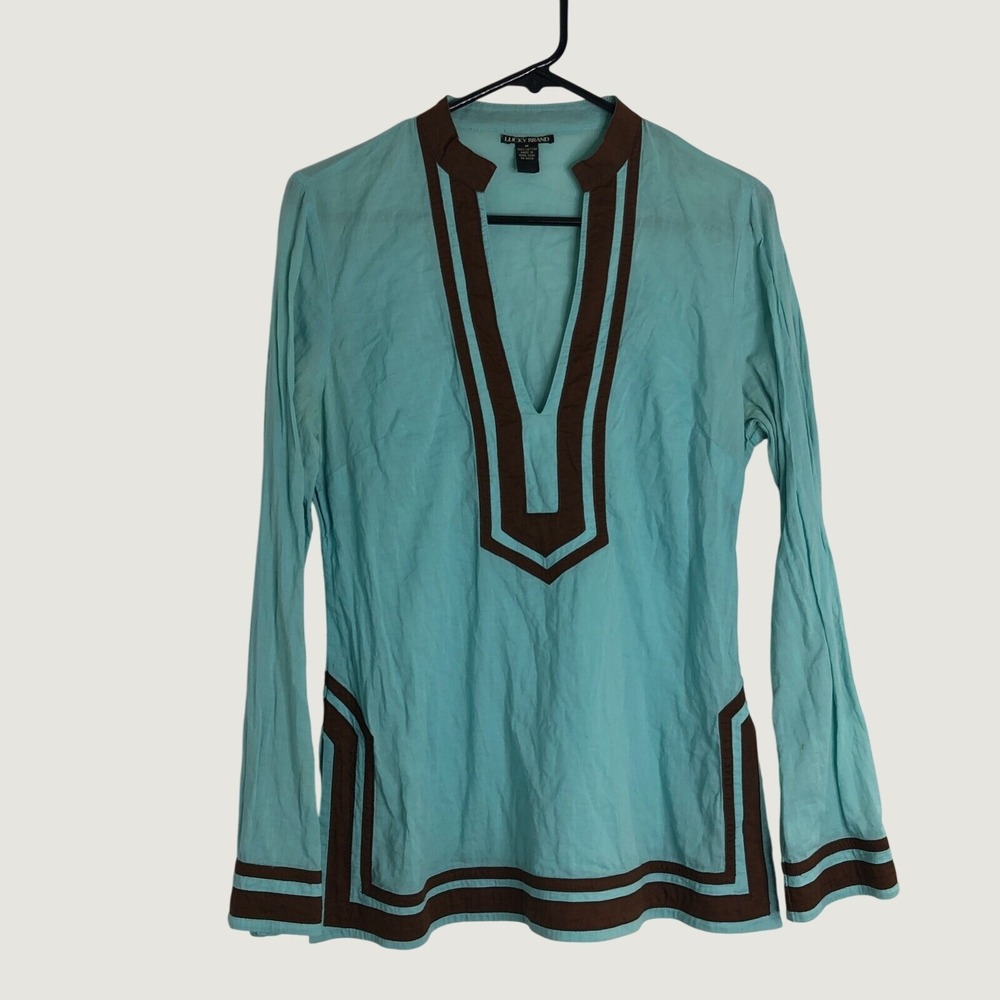 Lucky Brand Tunic Women M Turquoise Blue Brown Split Neck Boho Cotton Blouse